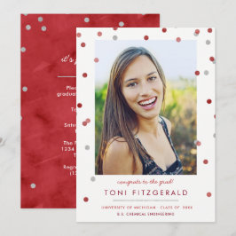 Convites Graduação de Foto Burgundy & Silver Confetti