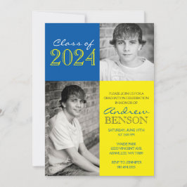 Convites Graduação de Foto Clássica 2 Amarelo e Azul Médio