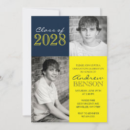 Convites Graduação de Foto Clássica 2 marinho Azul e Amarel