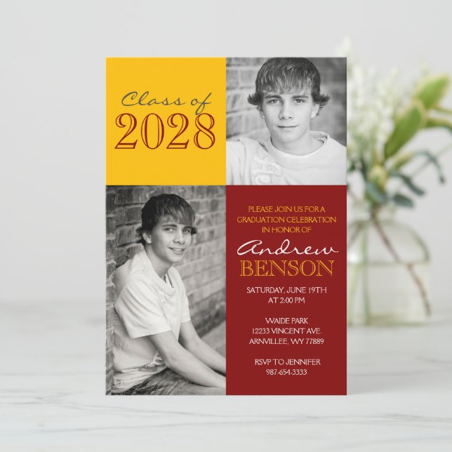 Convites Graduação de Foto Clássica 2 Maroon e Dourada (Em pé/Frente)