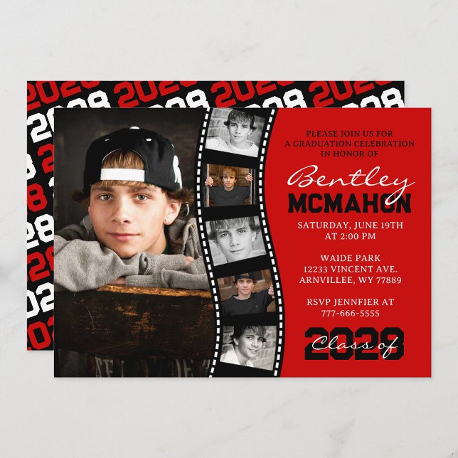 Convites Graduação de Foto com Fita Única Vermelha e Preta  (Red & Black 6 Photo Filmstrip Collage Graduation Invitation - Printed with Envelopes or Digital)