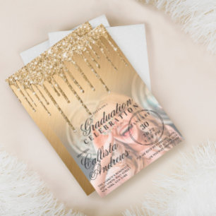 Convites Graduação de Foto com Glitter Metálico Dourado Gla