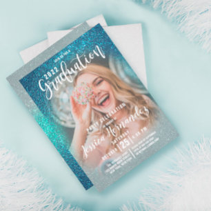 Convites Graduação de Foto com Glitter Triplo Azul Cerulean