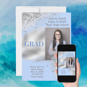 Convites Graduação de Foto com Lente de Prata Azul Bebê