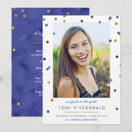Convites Graduação de Foto Confetti Azul e Dourada