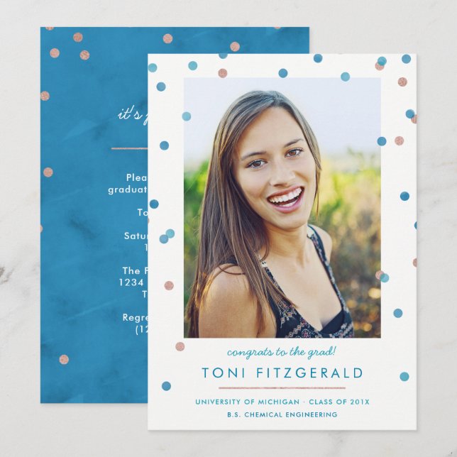 Convites Graduação de Foto Confetti Dourada Teal e Rosa (Frente/Verso)