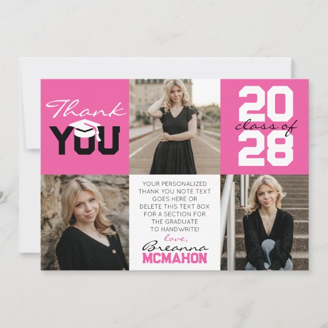 Convites Graduação de Foto Cor-de-Rosa e Branco 3 Obrigado (Frente)