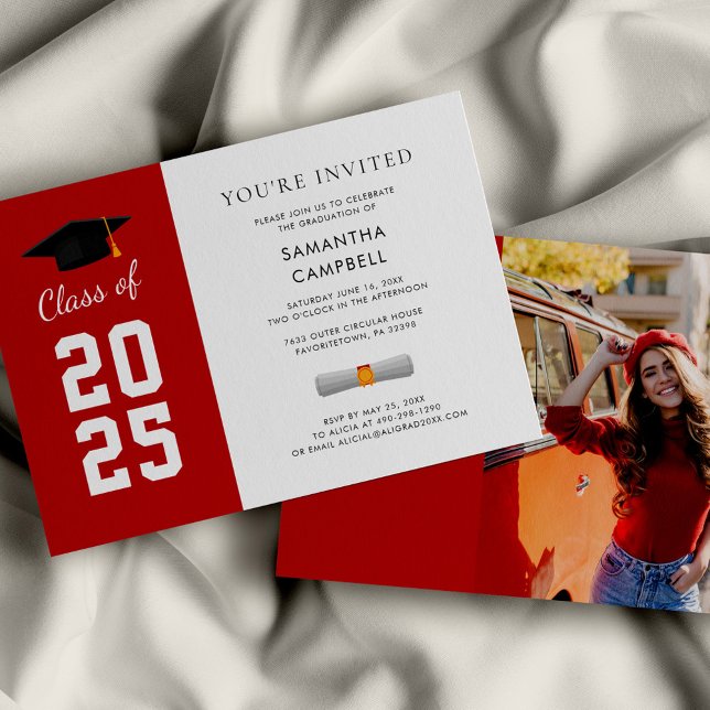Convites Graduação de Foto de Formando Moderno 2025 (Graduation 2025 Red and White Party Invitation)