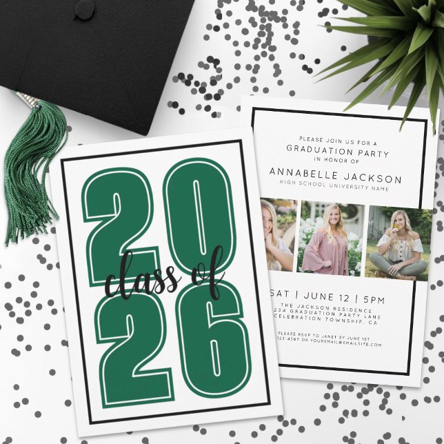 Convites Graduação de Foto de Graduado Verde (Simple Green Graduate Photo Graduation Invitation)