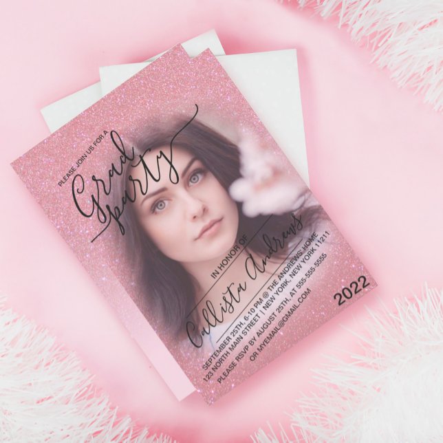 Convites Graduação de Foto de Mão Brilhante Rosa Faux Spark (Criador carregado)