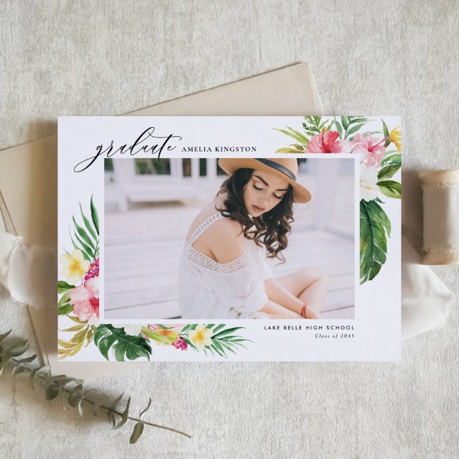 Convites Graduação de Foto de Moldura Tropical Watercolor (Customizable photo graduation invitation featuring tropical flowers and greenery.  )