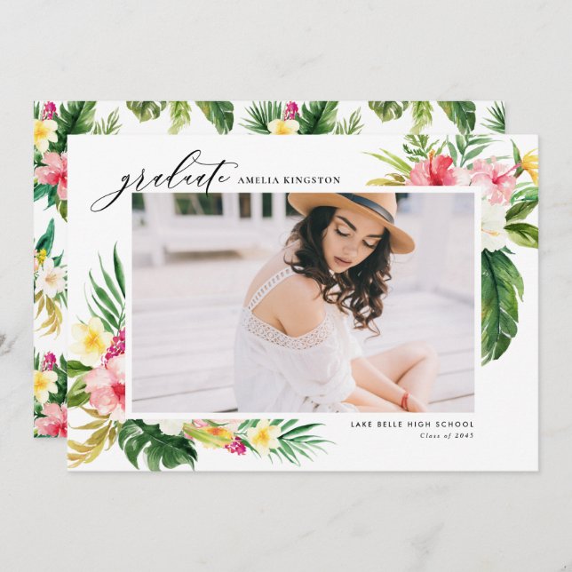 Convites Graduação de Foto de Moldura Tropical Watercolor (Frente/Verso)