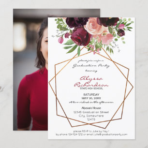 Convites Graduação de Foto de Quadro Floral Rosa e Burgundy