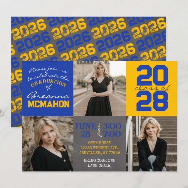 Convites Graduação de Foto do Quadro 3 Azul e Dourado (Frente/Verso)