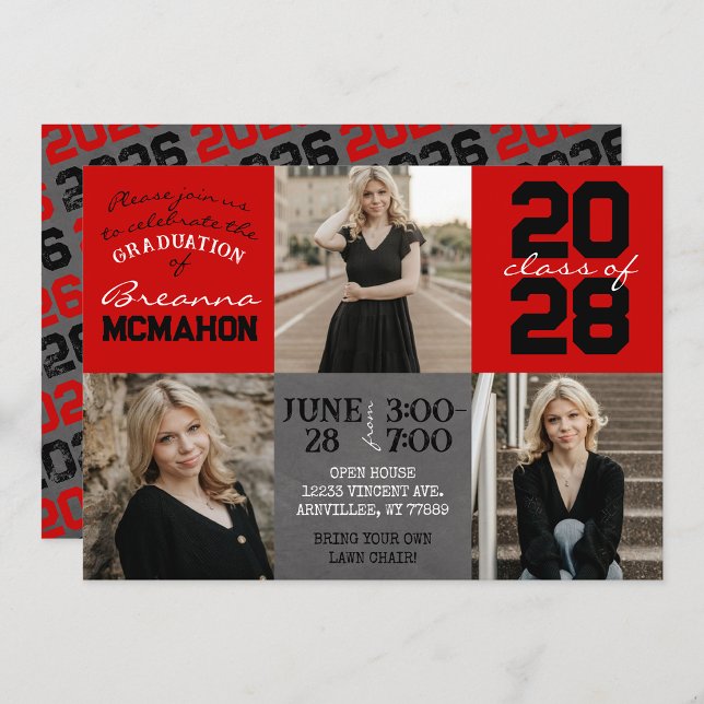 Convites Graduação de Foto do Quadro Vermelho e Preto 3 (Red & Black 3 Photo Chalkboard Graduation Invites)