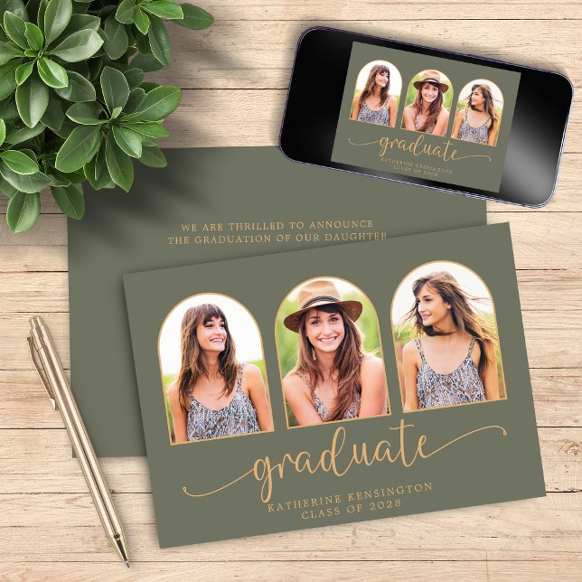 Convites Graduação de Foto Dourada 3 Verde do Arco Boho Ele (Elegant Boho Arch Green Gold 3 Photo Graduation Invitation with Digital Download Option)