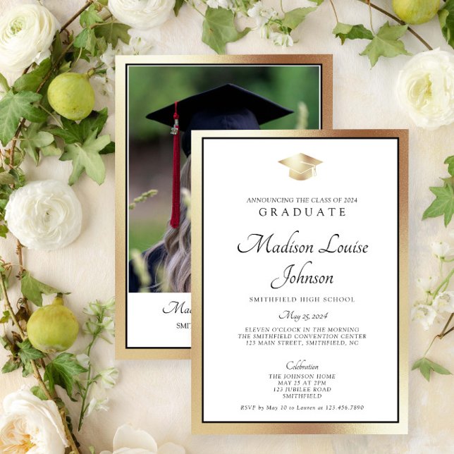 Convites Graduação de Foto Dourada de Script Clássico (Marking Milestones with Grace. #GradSuccess)