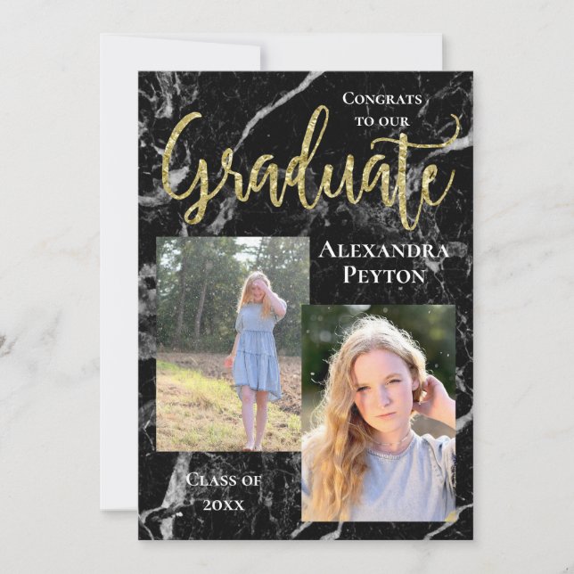 Convites Graduação de Foto Dourada de Script Marble Preto (Frente)