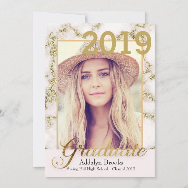 Convites Graduação de Foto Dourada Marble Branco da Elegant (Frente)