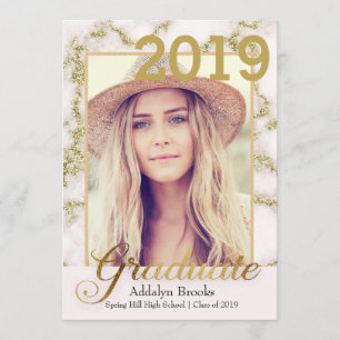 Convites Graduação de Foto Dourada Marble Branco da Elegant
