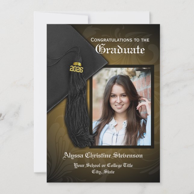 Convites Graduação de Foto Elegante Dourada Tassel Charm 20 (Frente)