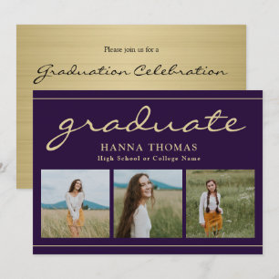 Convites Graduação de Foto Elegante Roxo Dourado Três