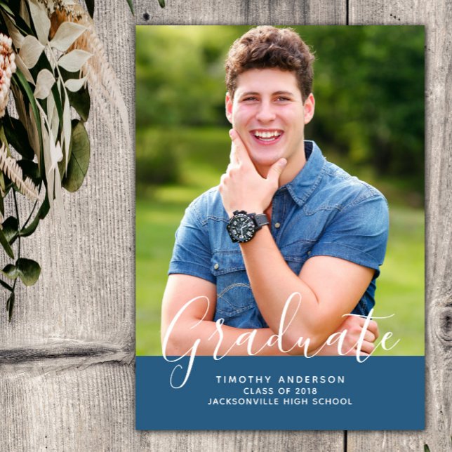 Convites Graduação de Foto Elegante Simples Vertical | Azul (Blue Simple Elegant Photo Graduation Vertical Announcement)