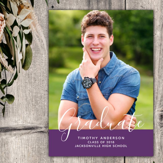 Convites Graduação de Foto Elegante Simples Vertical | Roxo (Purple Simple Elegant Photo Graduation Vertical Announcement)