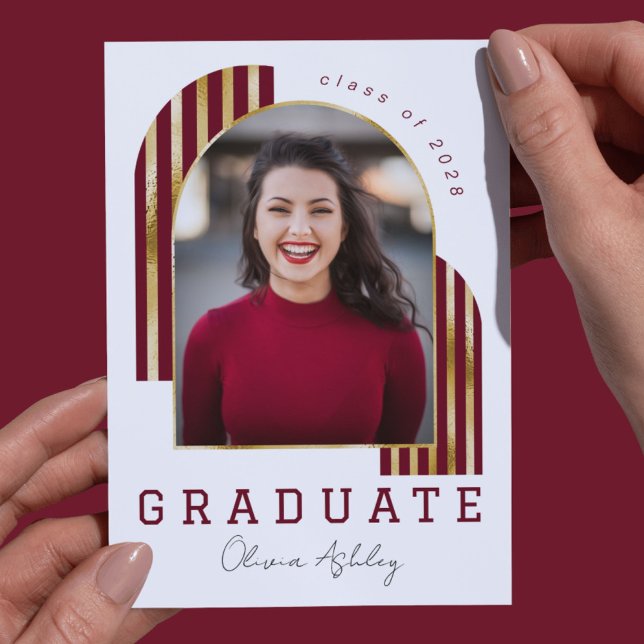 Convites Graduação de Foto em Arco Dourado Maroon (Criador carregado)