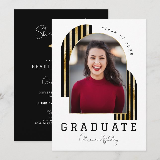 Convites Graduação de Foto em Arco Dourado Preto (Frente/Verso)