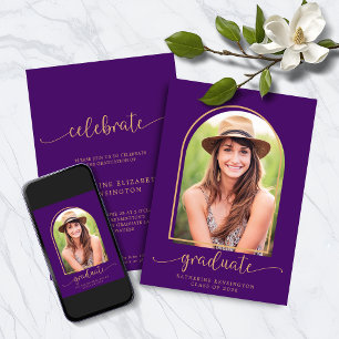 Convites Graduação de Foto em Arco Dourado Roxo Moderno