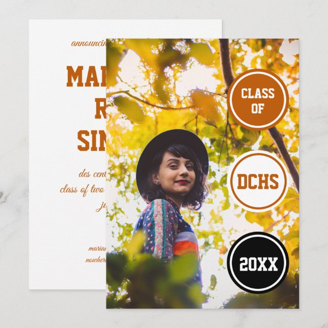 Convites Graduação de Foto em Círculos Laranja Queimados (Frente/Verso)
