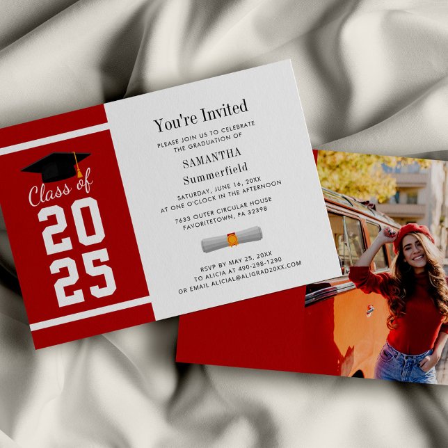 Convites Graduação de Foto em Formando Branco Vermelho 2025 (Graduation 2025 Photo Red and White Party Invitation)