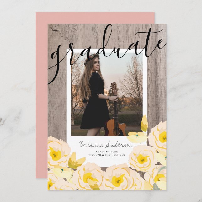 Convites Graduação de Foto em Madeira Floral Rosa da Boho R (Frente/Verso)