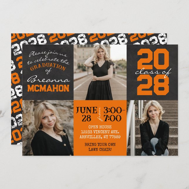 Convites Graduação de Foto em Quadro Laranja e Preto 3 (Unique Trendy Orange and Black Graduation 3 Photo Chalkboard Invitations)