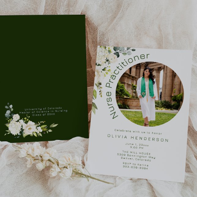 Convites Graduação de Foto Floral Branco e Verde (Criador carregado)