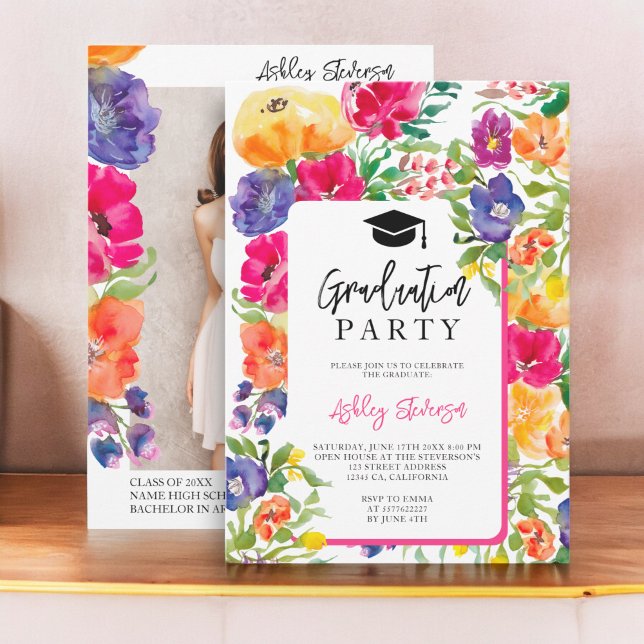 Convites Graduação de foto floral de aquarela de jardim (Garden floral watercolor photo graduation invitation)