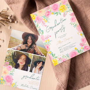 Convites Graduação de foto floral de aquarela de jardim ros