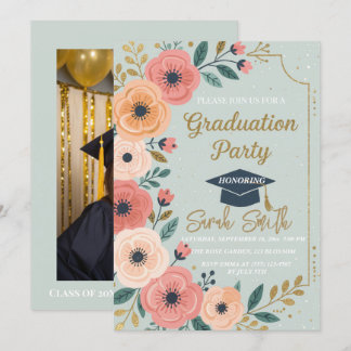 Convites Graduação de foto floral de cor d'água com brilho