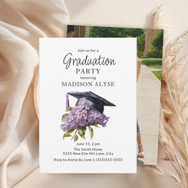 Convites Graduação de Foto Floral Purple boné de formatura (Purple floral graduation cap photo party invitation)