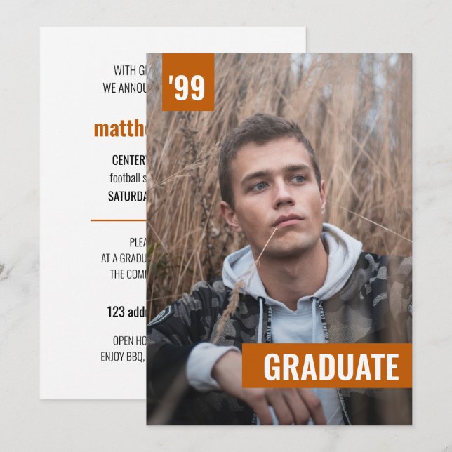Convites Graduação de Foto Laranja Queimada e Moderna (Frente/Verso)