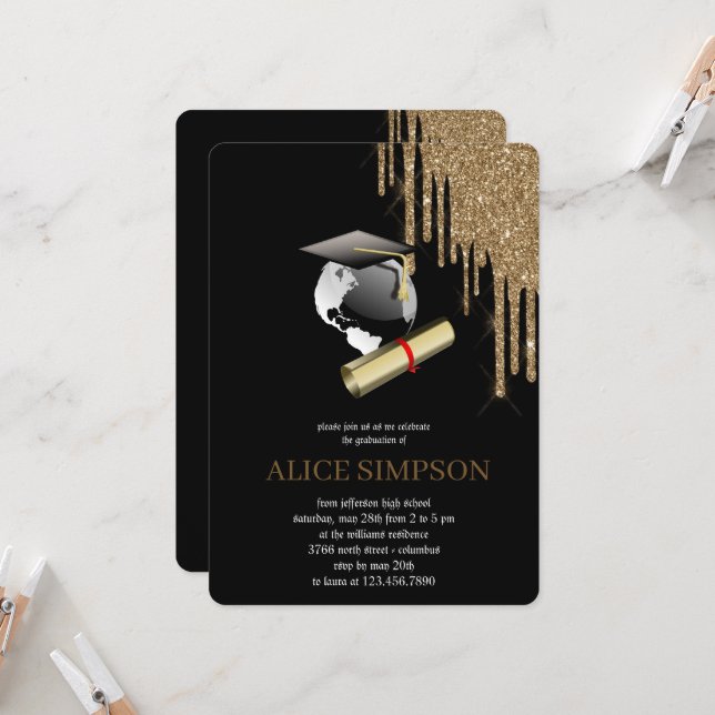 Convites Graduação de Foto Minimalista Chic Dourada Moderna (Frente/Verso In Situ)