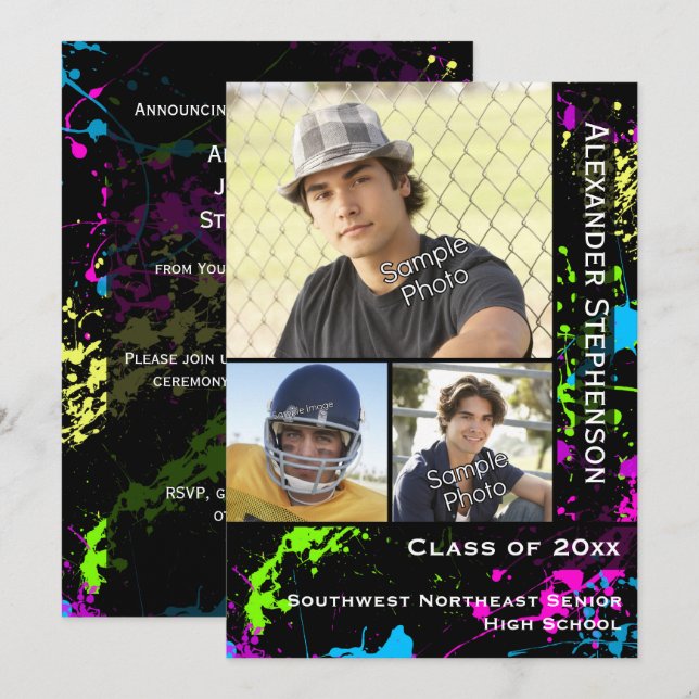 Convites Graduação de Foto Neon Paint Splatter (Frente/Verso)