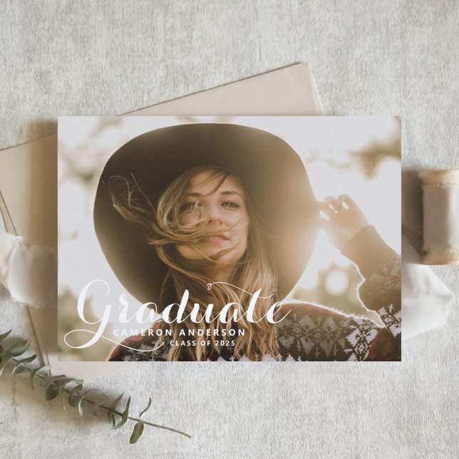 Convites Graduação de Foto por Sobreposição de Script Whims (Customizable photo graduation invitation featuring modern calligraphy photo overlay. )