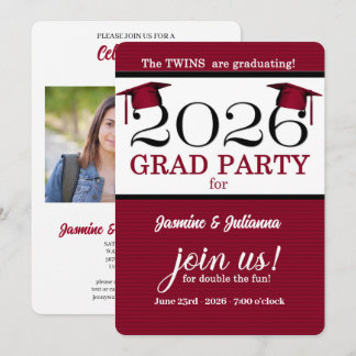 Convites Graduação de Foto Red Pinstripe, Formando Twin 202