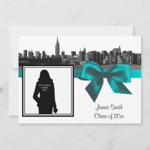 Convites Graduação de Foto Teal de NYC Wide Skyline Enchida