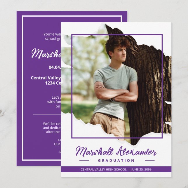 Convites Graduação de Foto Torn Abstrato Roxo (Frente/Verso)