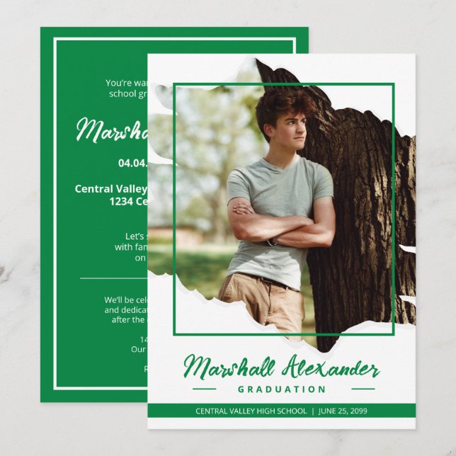 Convites Graduação de Foto Torn Abstrato Verde Edgy (Frente/Verso)