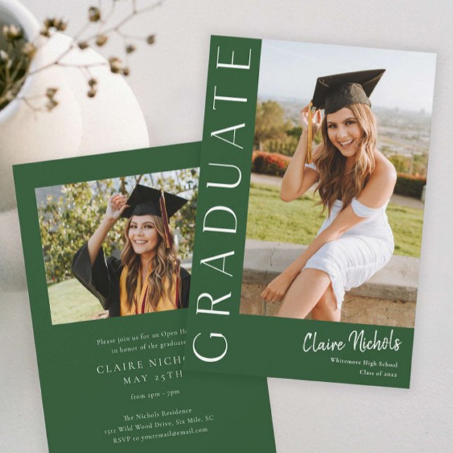 Convites Graduação de Foto Vertical Moderna (Modern Green Photo Graduation Invitation.)