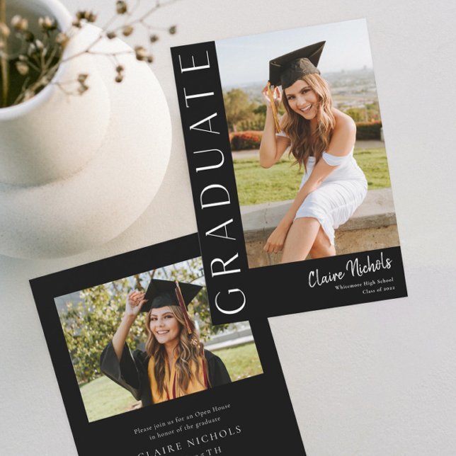 Convites Graduação de Foto Vertical Moderna (Modern Black and White Photo Graduation Invitation.)